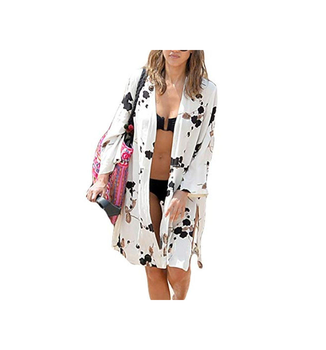 Product Bsubseach Mujer Chal Negro con Florales Blancas Ropa de Playa de Ráyon Verano Suelto Cubrir Bikini Camisola y Pareos