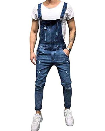 AnyuA Hombres Mono Pantalones Rotos Vaqueros Hippie Overol de Mezclilla Deportivos con