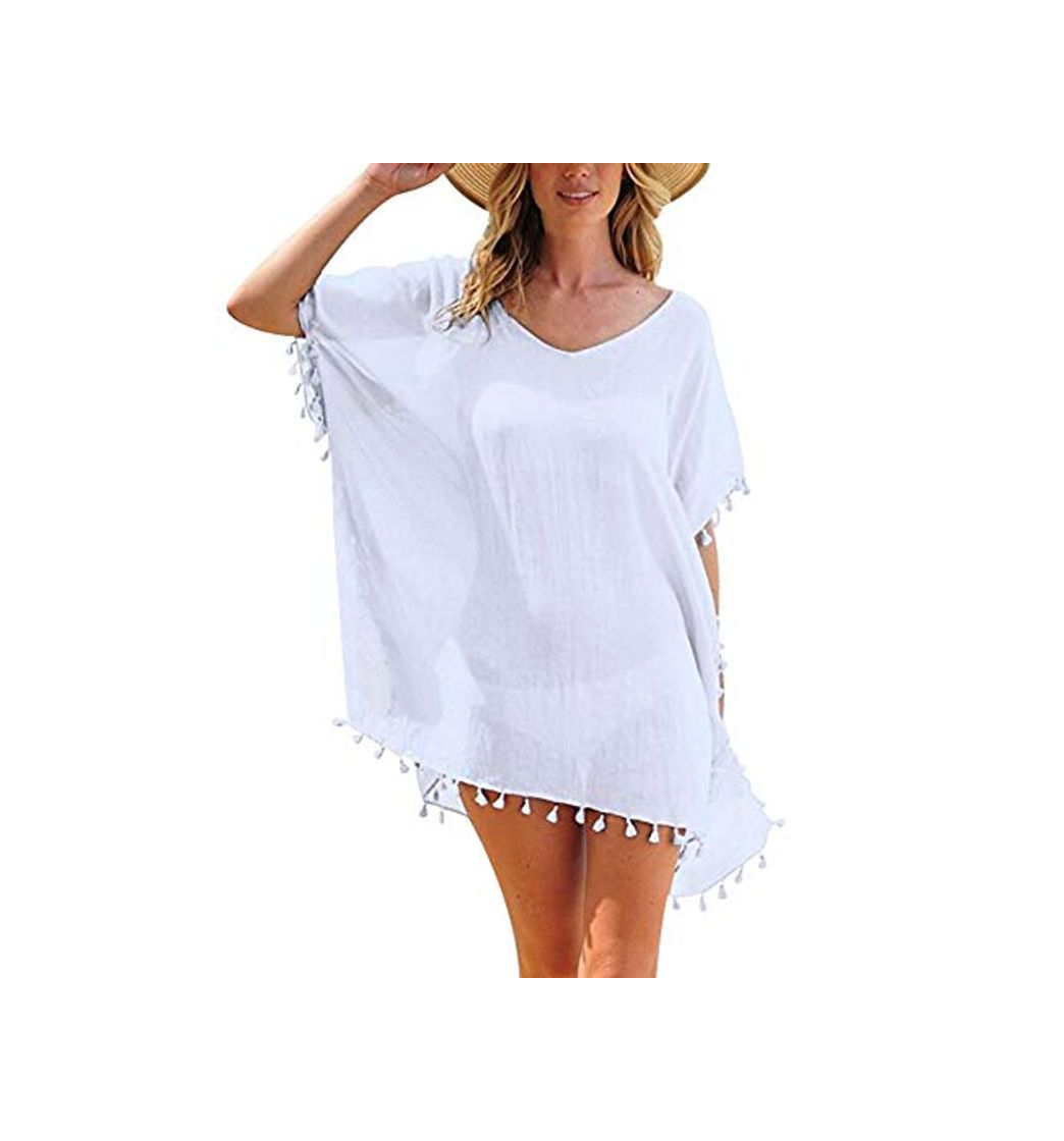 Product Vestidos de Playa Pareos Playeros Cuello V Boho Vestido Playa Mujer Kaftan Camisolas Caftanes Bluson Tunica Blusas Playa Piscina Playero Ropa de Playa Bikini Cover Up Tunicas Playera Camisola Blanco