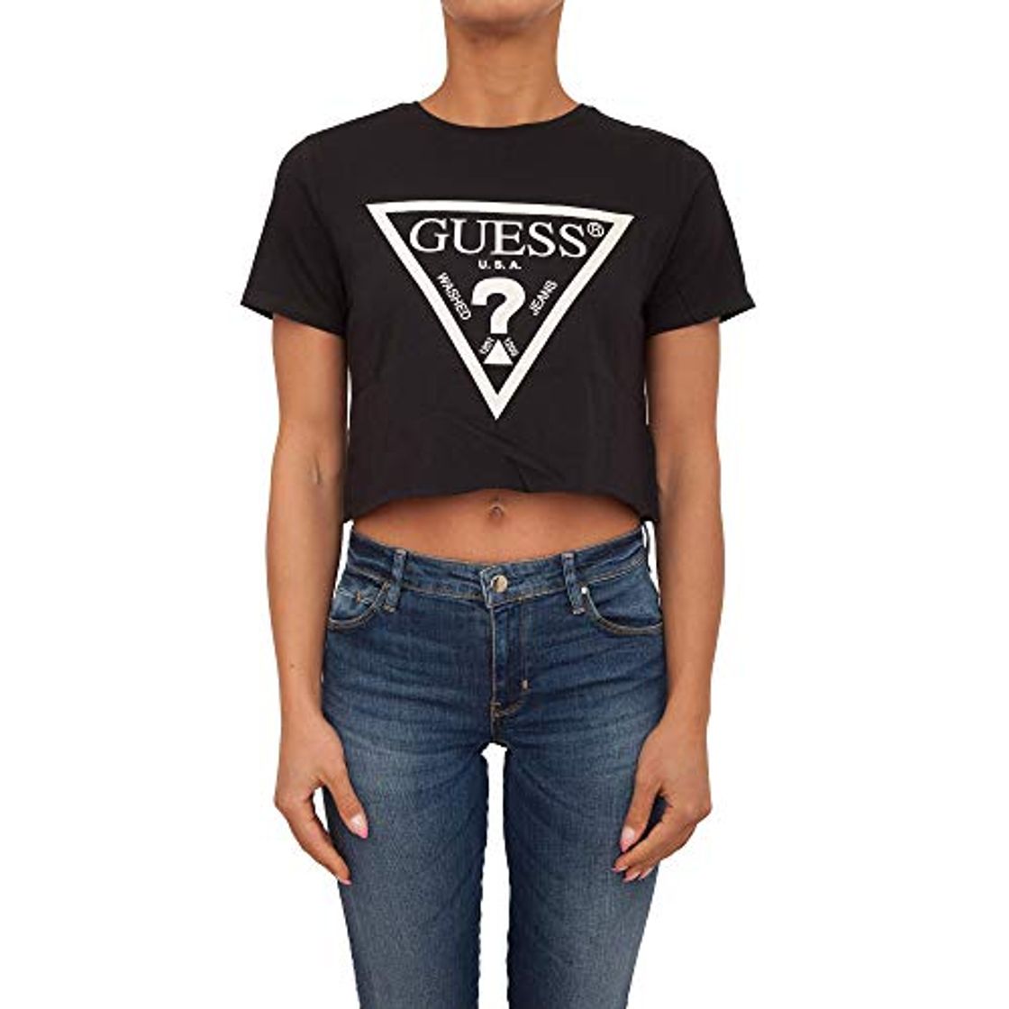 Social Guess Camiseta para Mujer, sin Barriguita - Crop-Top, Logotipo Impreso, Cuello Redondo,