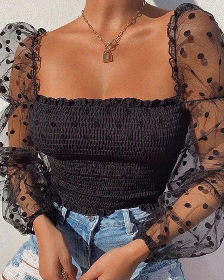 Sheer mesh dot puffed sleeve blouse