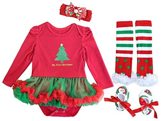 FANCYINN Conjuntos Bebe Niña Navidad Arbol Tutu Vetidos Leggins Mi Primera Navidad Ropa 4 Piezas