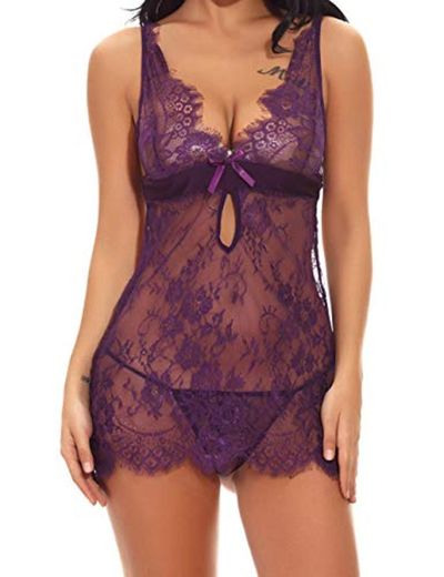 FeelinGirl Mujer Ropa Erótica Transparente Sexy de Encaje de Flores Conjuntos de Lencería Morado XL