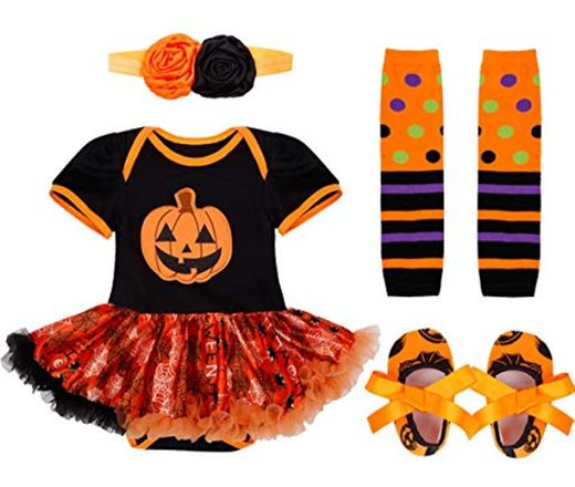 IEFIEL Vestido Calabaza para Bebe Niña Disfraz Halloween Cosplay Body Manga Cortas