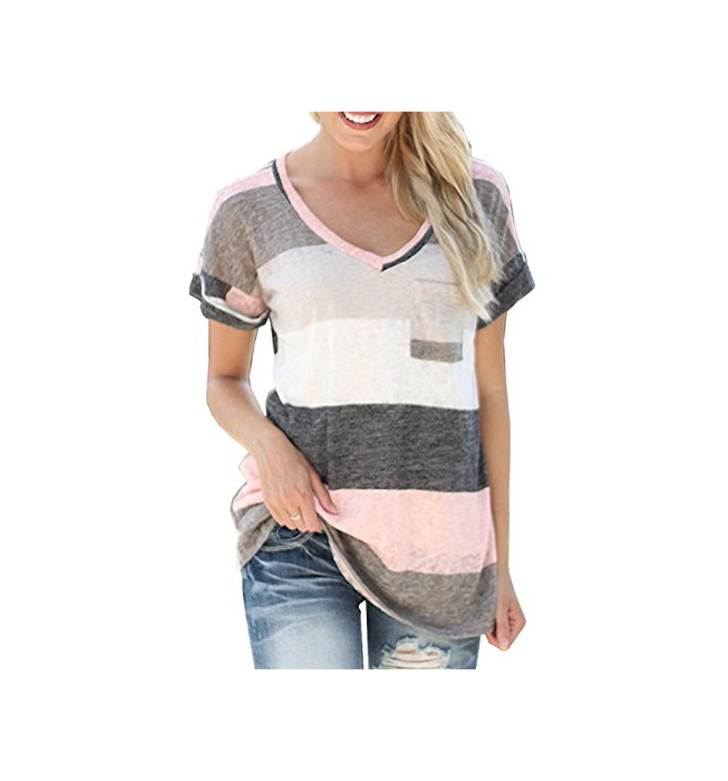 Products Mujeres Verano Camisetas Pullover Casual Camisa Manga Corta Cuello V Blusa Rayadas Patchwork Elástico Tops