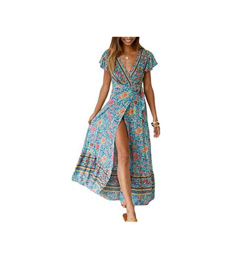 Vestido Mujer Bohemio Largo Verano Playa Fiesta Floral Manga Corta Cuello en V Talla Split Wrap Maxi Vestidos 6 L