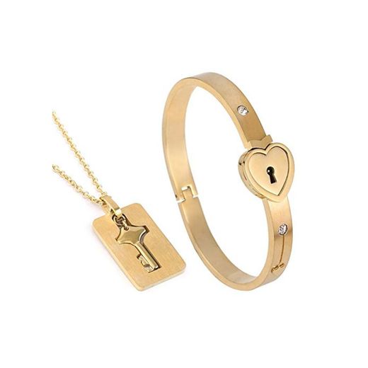 Ohyoulive Couple Bracelet Necklace Set Stainless Steel Love Heart Lock Jewelry Set