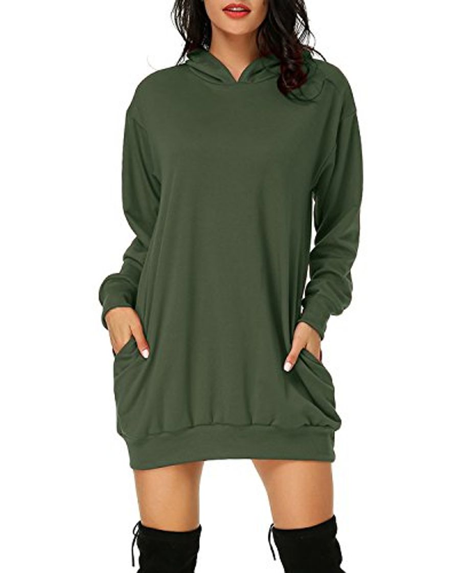 Social Auxo Sudaderas con Capucha para Mujer Jersey de Manga Larga Bolsillos Casuales de Gran tamaño sólidos Sudadera con Capucha túnica Mini Vestido Tops Largos con Capucha Verde Militar Large