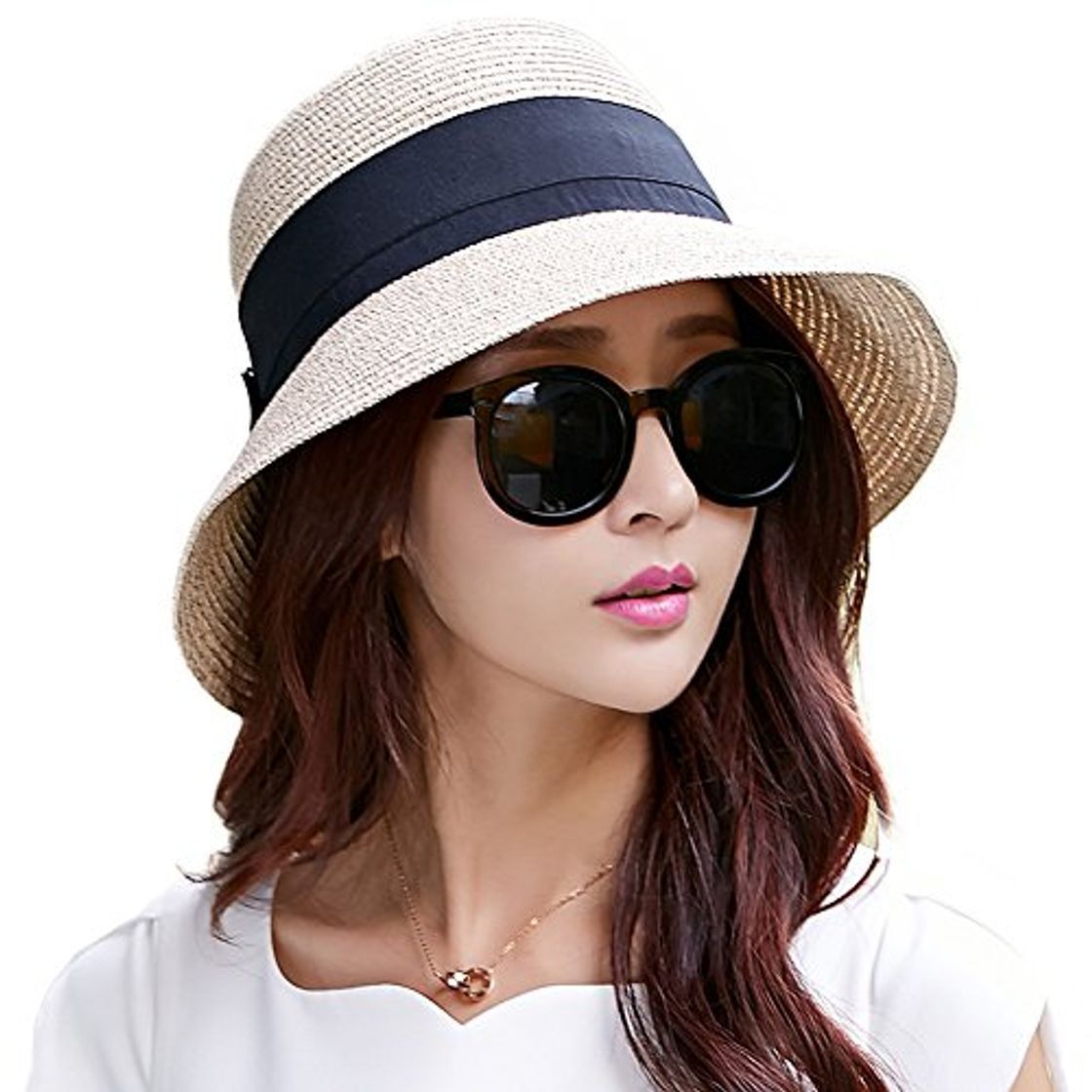 Product Comhats Sombrero de Verano de Paja con sombrilla para Mujer Sombrero de Sol Suelto de Playa de ala Ancha Beigemix M