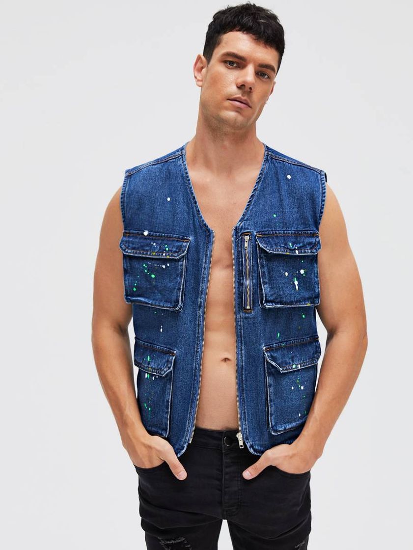 Social Chaleco cargo denim con bolsillo con solapa con dibujo