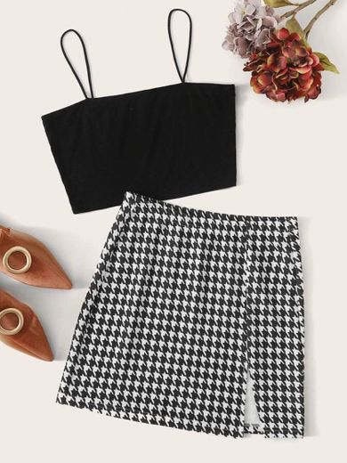 Conjunto top negro de tirantes y falda de cuadros 