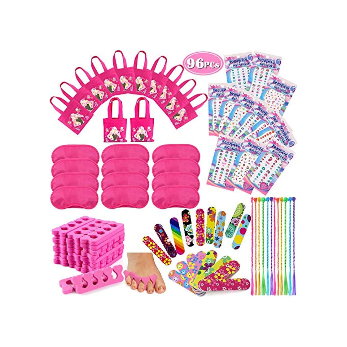 Product Tacobear 96 Piezas SPA Articulos de Fiesta para Niña Pegatinas Uñas Unicornio Bolsa de Fiesta Lima de Uñas Separador Dedos Pie Pelo Trenzas Antifaz para Dormir Set Fiesta Cumpleaños para Niña Ninos