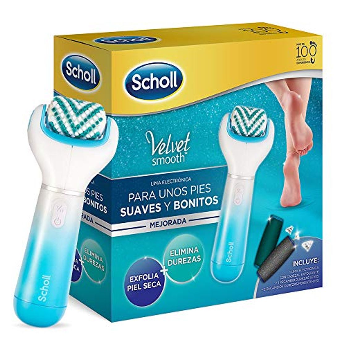 Producto Scholl Velvet Smooth Lima Eléctrica Durezas Pies con Cabezal Exfoliante y 3