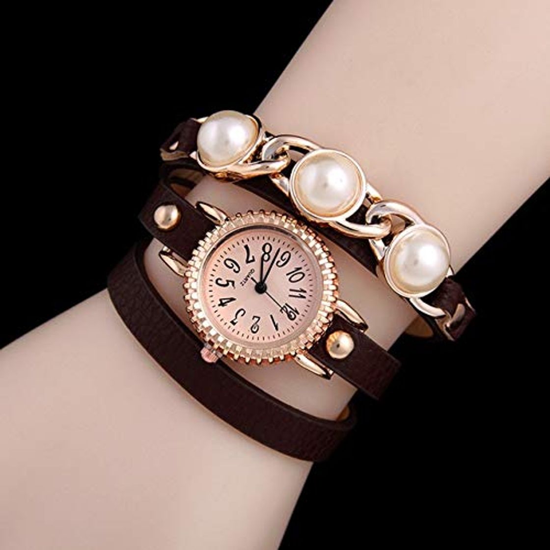 Producto TCEPFS Casual Pulsera de Correa de Cuero Perla Reloj de Pulsera Mujer Relojes de Pulsera Reloj Mujer Damas Reloj clásico   café