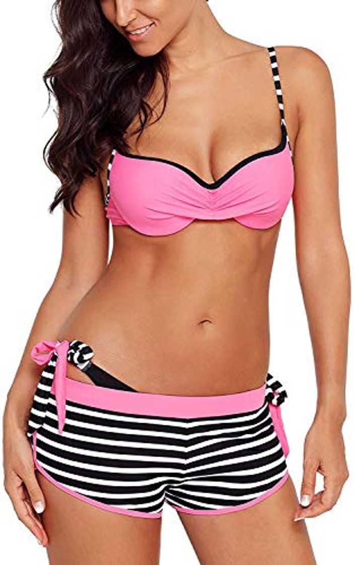 Moda CheChury Mujer Conjuntos De Bikini Cuello Hálter Push up Trajes de Baño de Tres Piezas con Bañador Natacion Shorts Tangas Retorcido Bikini para Damas