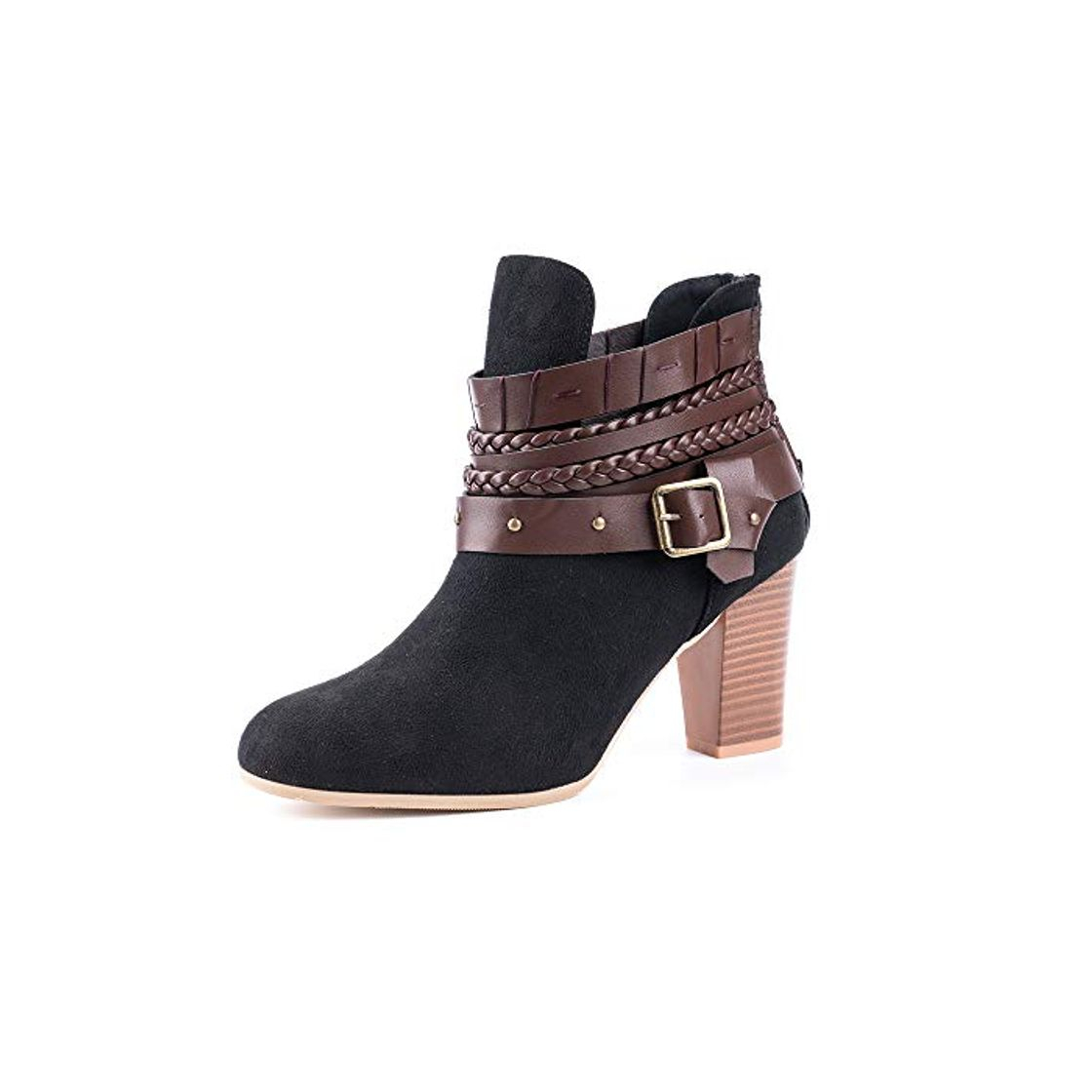 Fashion Mujer Botas con Tacón Cuña Altos Cremallera Otoño Chelsea de Vestir Piel Transpirable Botines Zapatos de Tacón Fiesta Hebilla Calzado Romano 8cm Negro 35