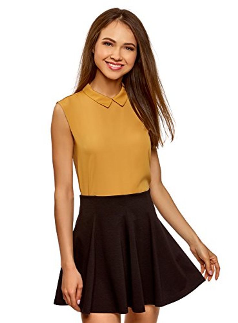 Product oodji Ultra Mujer Blusa Básica sin Mangas con Cuello, Amarillo, ES 34