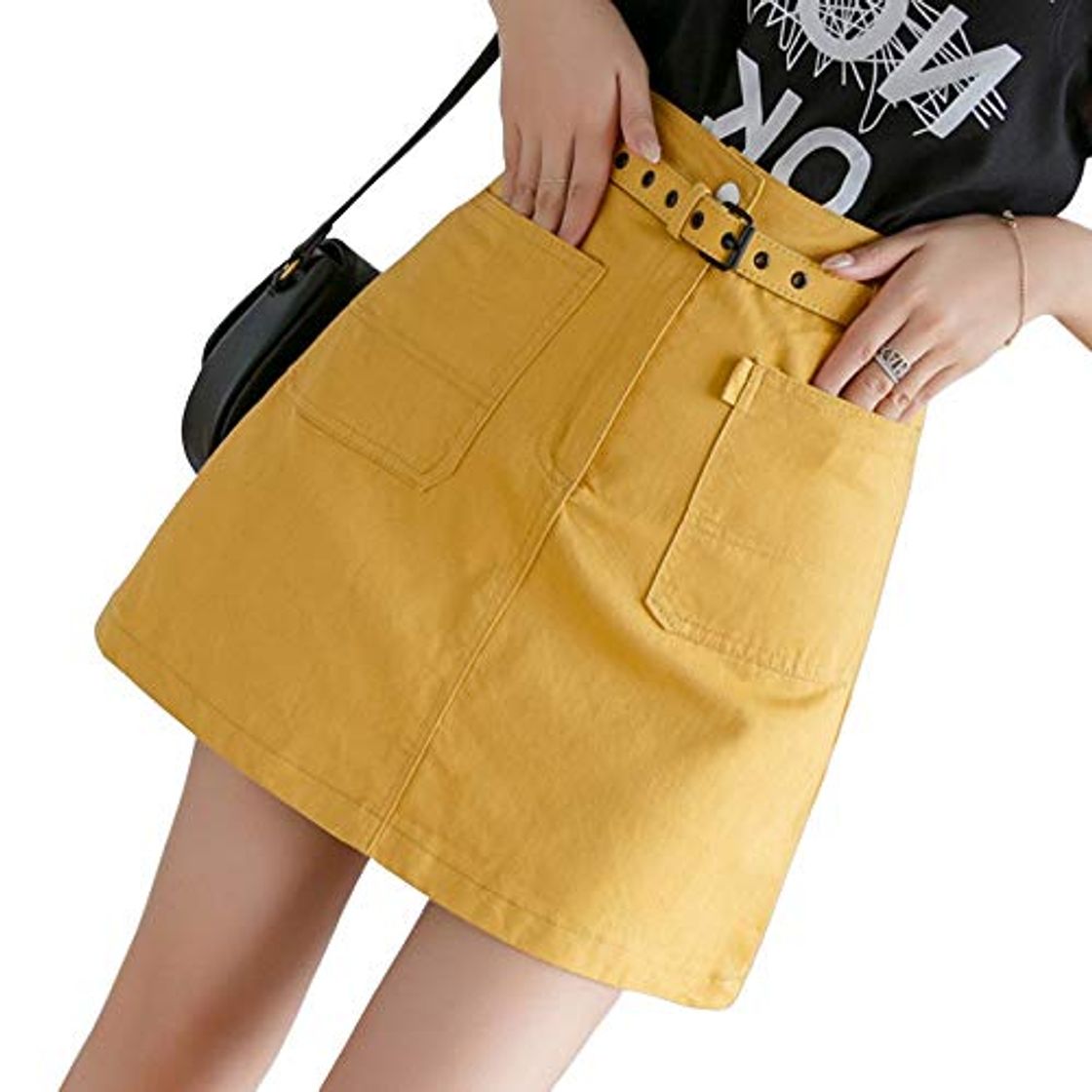 Fashion DER Falda de Jean de Color sólido con Doble Bolsillo de Cintura Alta versión Coreana Amarillo Amarillo 44