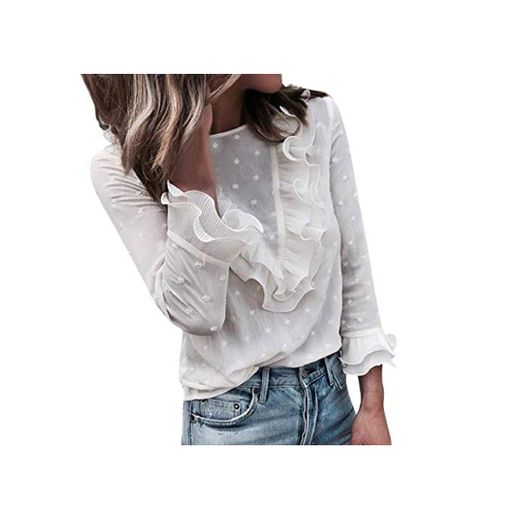 Moda Mujer Casual Encaje Sexy Lunares O Cuello Dulce Volante Camiseta Manga