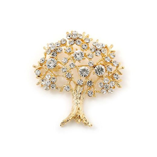 Broche "Árbol de la vida" con cristales claros con enchapado de oro