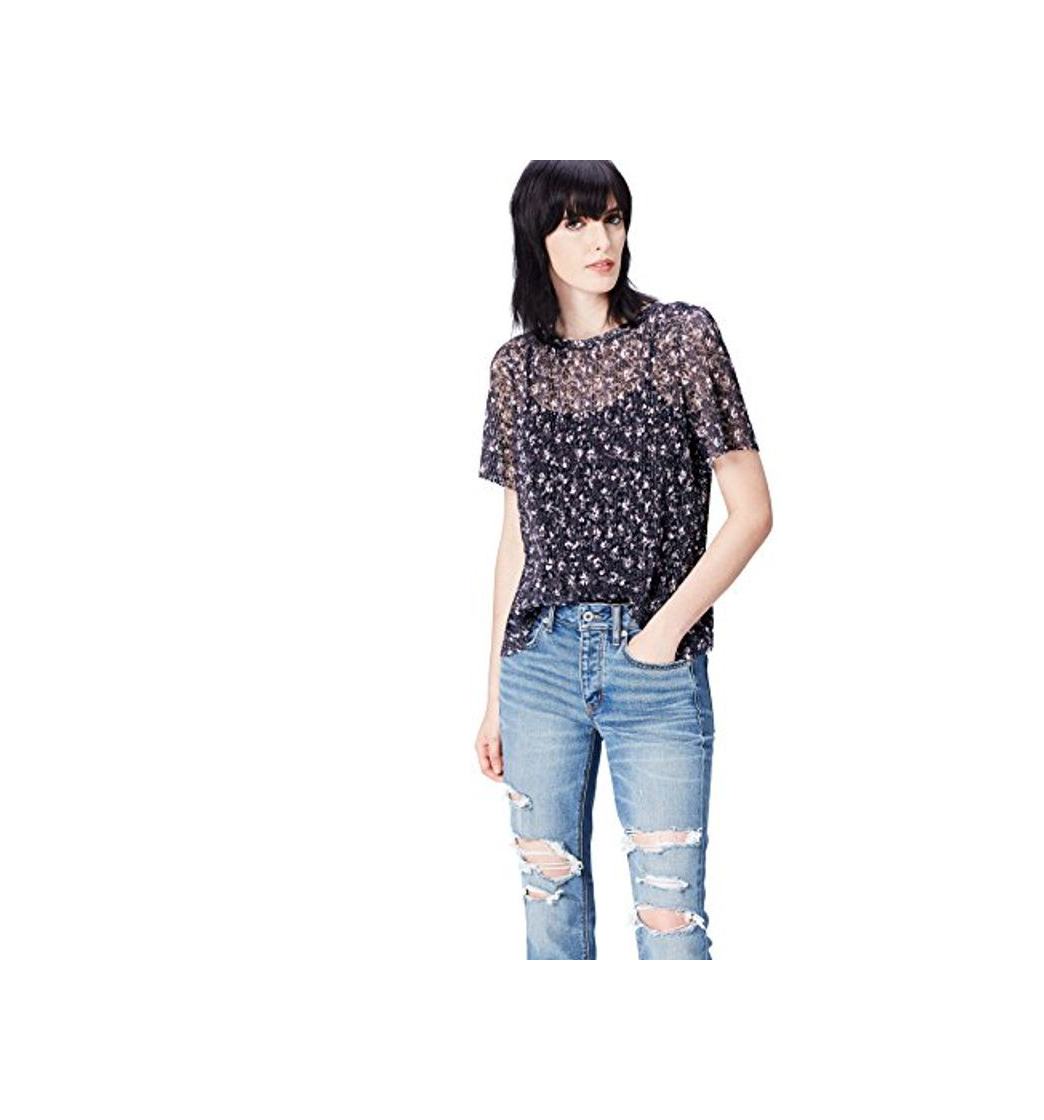 Social Marca Amazon - find. Blusa de Encaje Plisado para Mujer, Multicolor