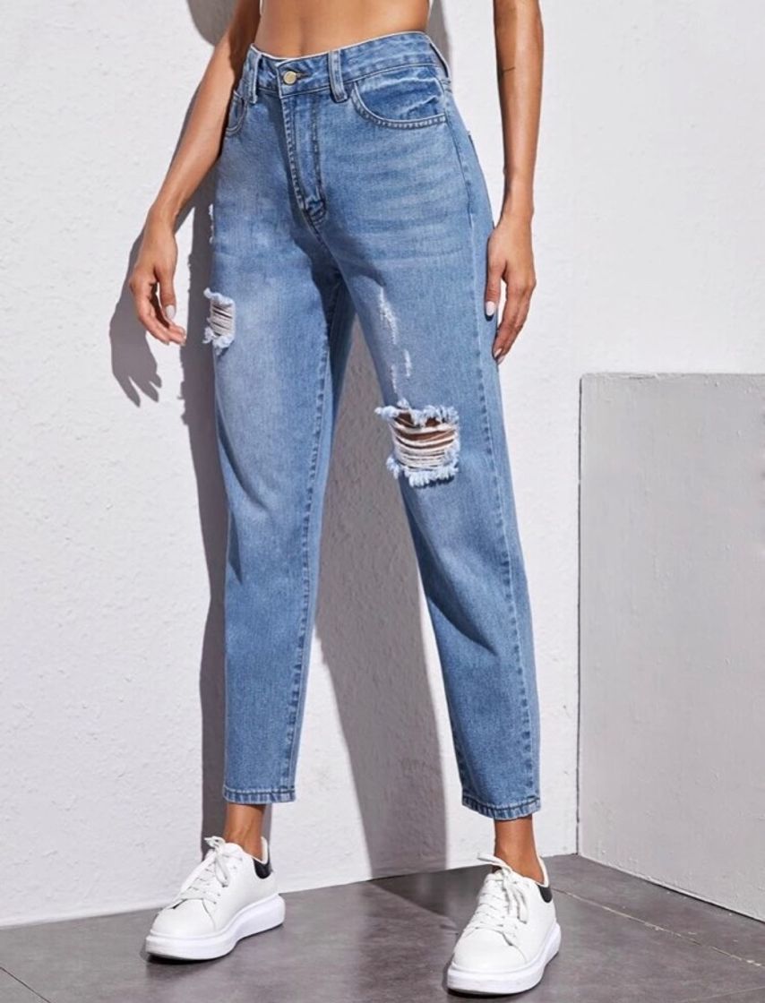 Moda Ripped High Rise Mom Jeans Without Belt 