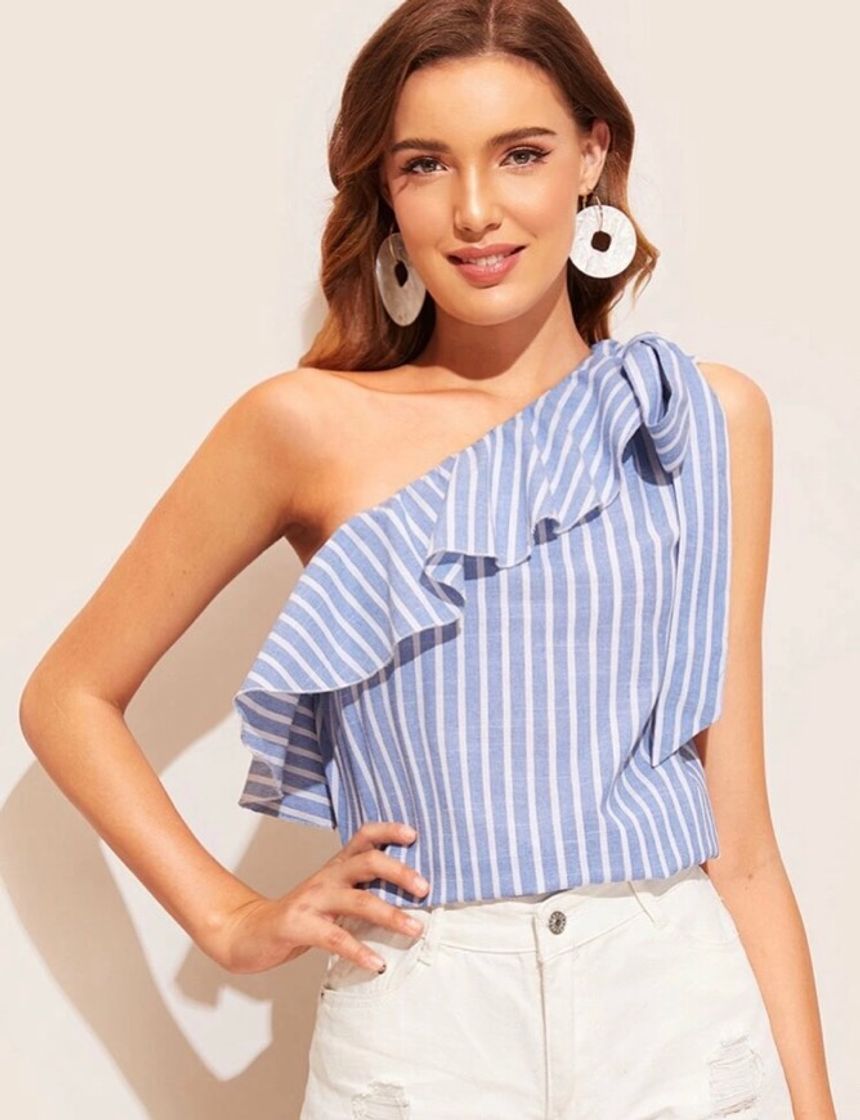 Moda SHEIN Striped One-Shoulder Self-Tie Ruffled Top