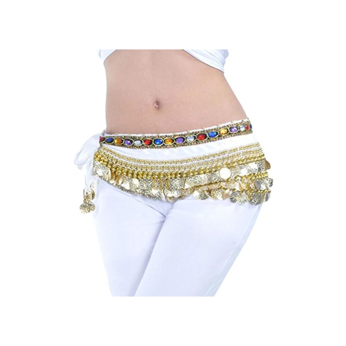 Moda YuanDian Mujer coloreados Diamantes Monedas Danza del Vientre Espectáculo Bufanda Cinturon Cintura Cadena Falda Trajes De Belly Dance Blanco