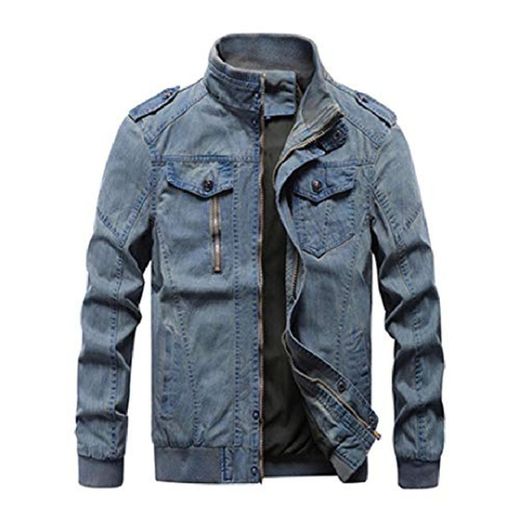 NOBRAND Chamarra de Mezclilla Militar Vintage para Hombre Marca Bomber chamarras Hombre Big Stand Cuello Slim Fit Azul Azul 3XL