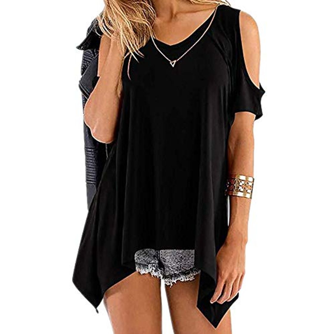 Fashion Camiseta de Mujer de Primavera y Verano con Cuello en V sin Tirantes y Manga Corta con Dobladillo Irregular para Mujer