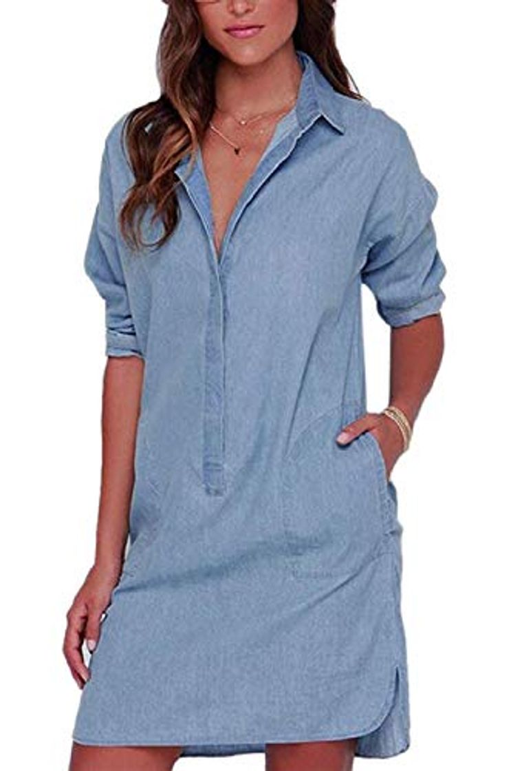 Fashion Vestido Mujer Casual Vaquero Mini Split Dobladillo Manga Larga Camisa Vestidos con Bolsillo Blue M