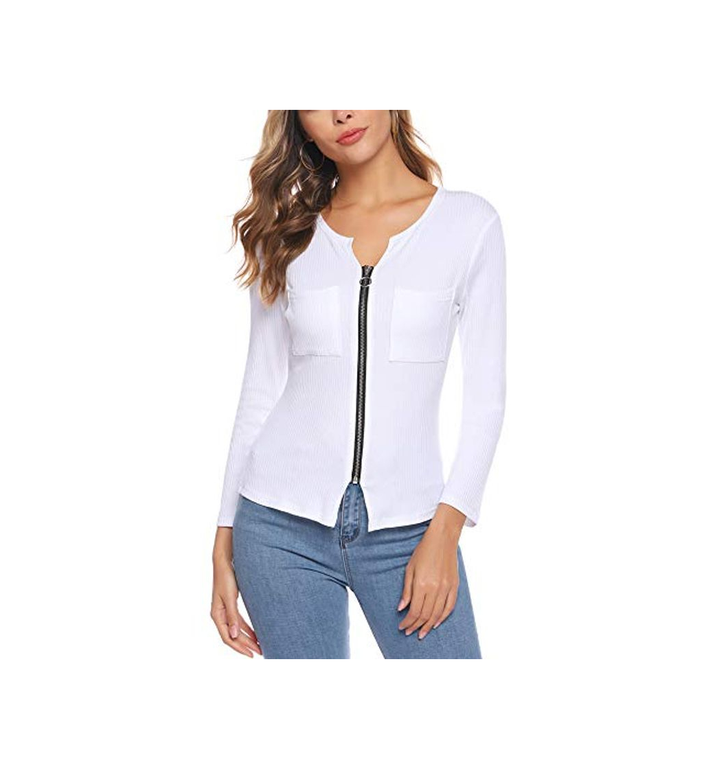 Moda iClosam Blusa De Mujer Camisa AlgodóN Mangas Largas Zipper Slim Fit Camiseta Polsillo Escote V