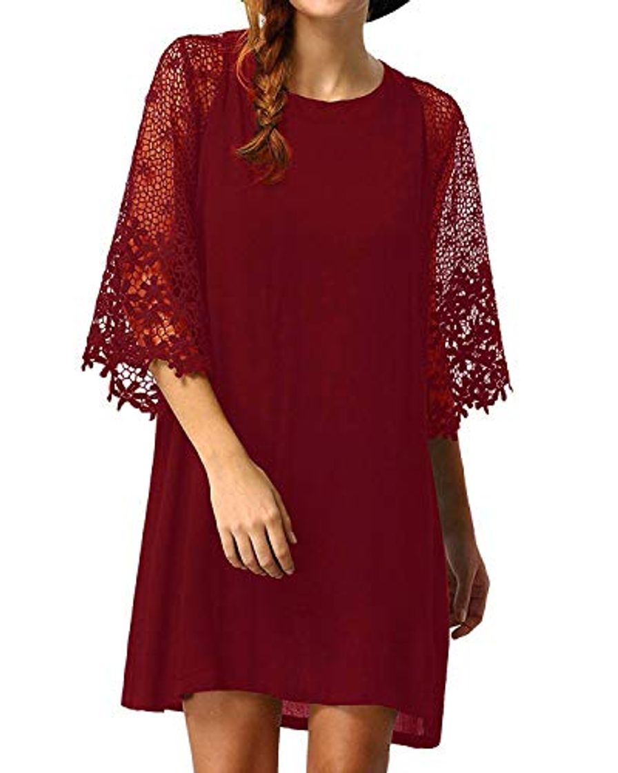 Moda Zanzea Vestido de túnica de Mujer de Encaje de Ganchillo Patchwork Manga Acampanada Suelta Casual Summer Long Tops Camisa Mini Vestidos Rojo XL