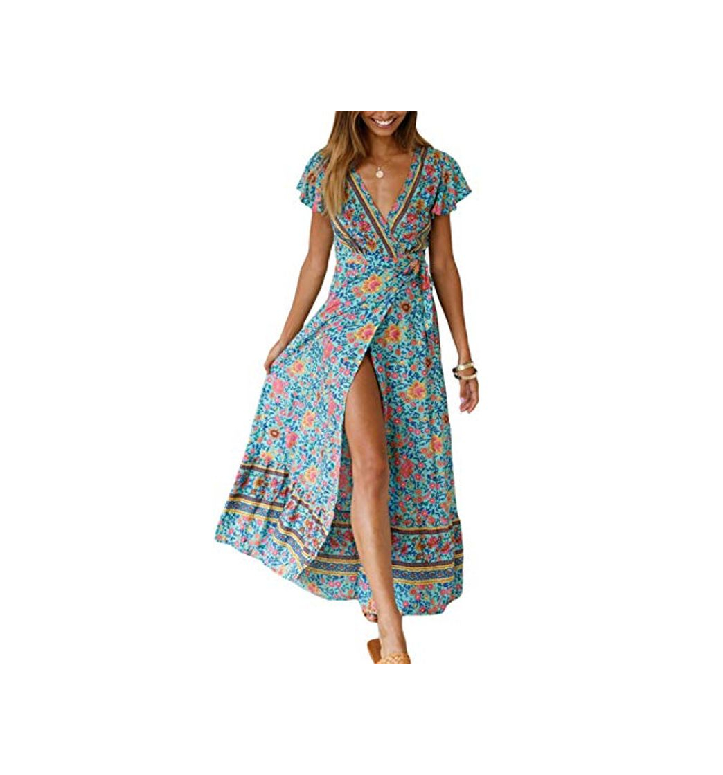Social Vestido Mujer Bohemio Largo Verano Playa Fiesta Floral Manga Corta Cuello en V Talla Split Wrap Maxi Vestidos 6 L