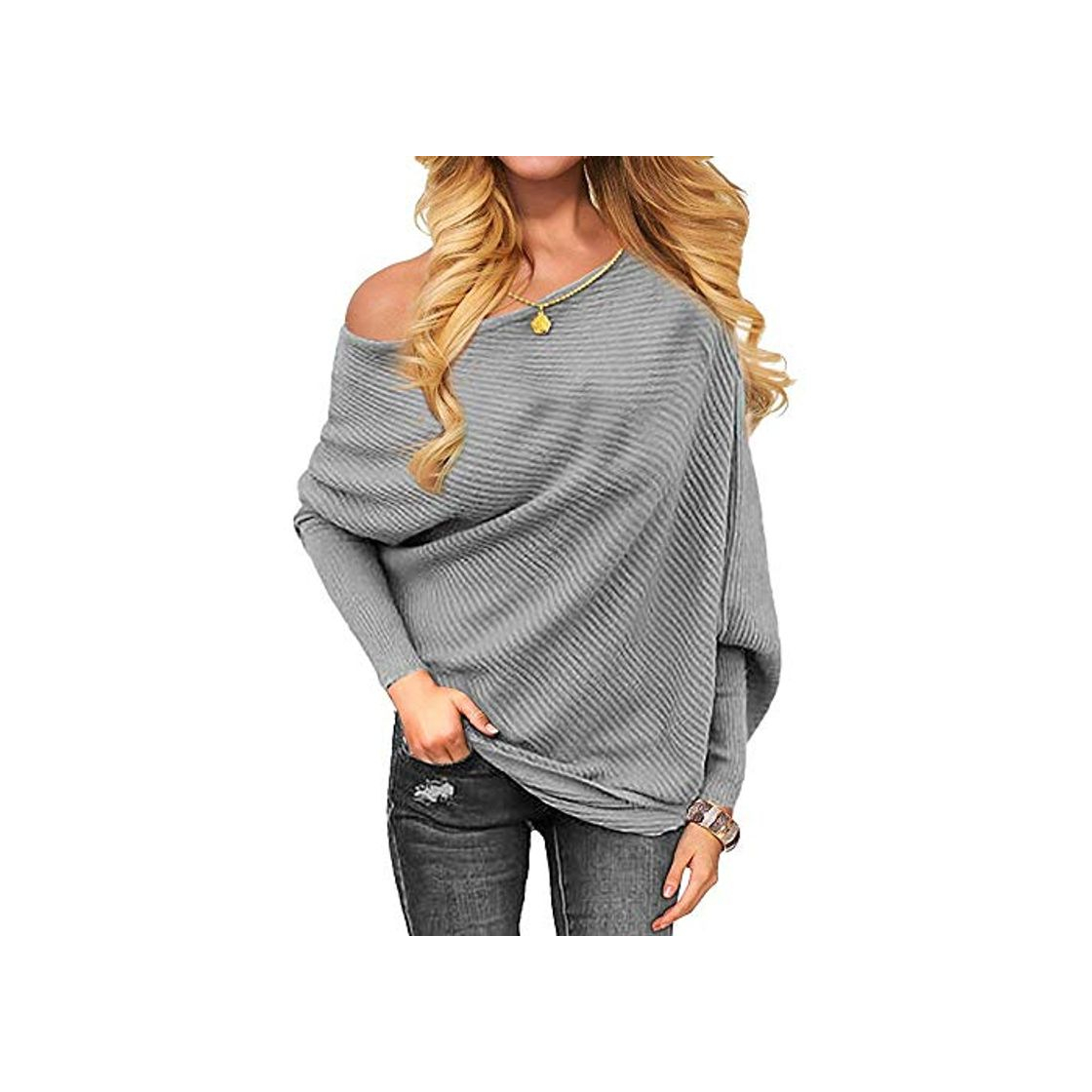 Fashion ZARLLE Casual Mujer Jerséis Moda Suéter Largo Casual Jersey Prendas de Punto de Cuello Barco Hombros Tops Sexy Suelta Batwing Mangas Largas Camiseta Tops