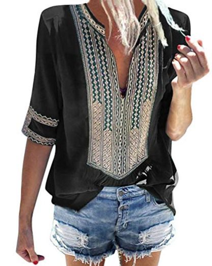 Minetom Camiseta Básica Mujer Vintage Bohemio Blusa Manga Corta Cuello en V