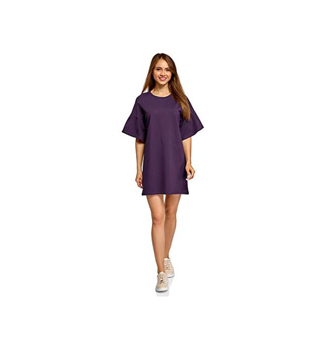 Social oodji Ultra Mujer Vestido Recto con Volantes en Las Mangas, Morado, ES