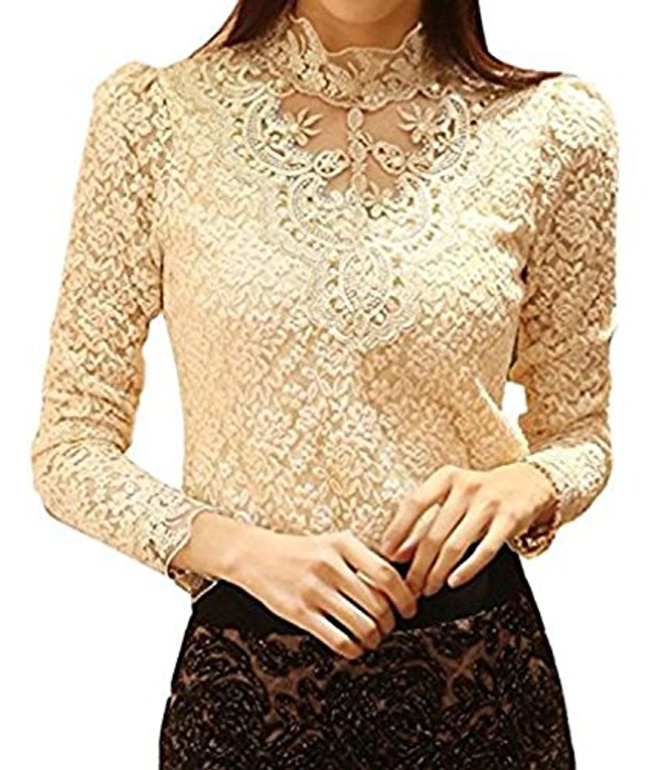 Product Minetom Mujer Elegante Blusa Cordón Blusa Tops con Diamante De Imitación Camisas OL 2 Colores Beige ES 42