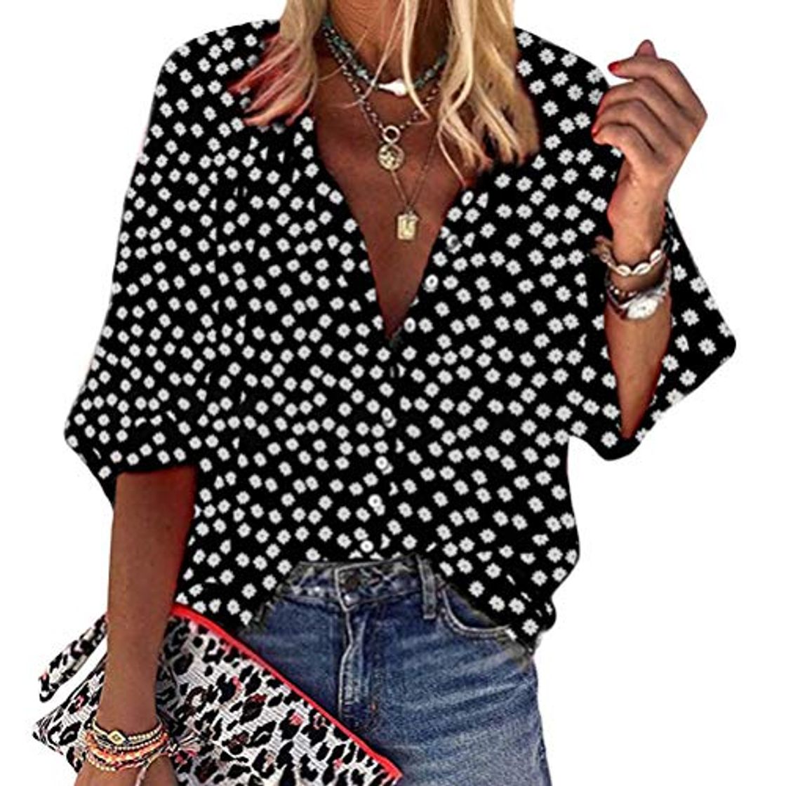 Moda Tomwell Mujer Camisas Verano Cuello V Manga Corta Elegante Botones Shirts Casual Suelto Playa Fiesta Blusas Negro 44