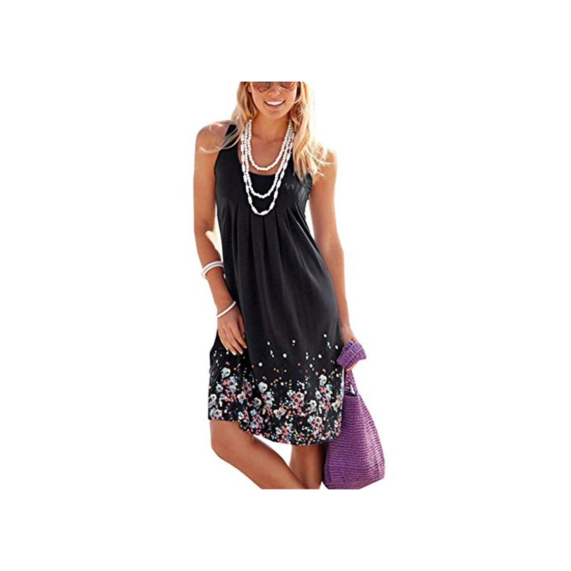 Fashion Vestido de Verano Mujer Sin Mangas Cuello Redondo Vestido Playa Printed Vestido Casual Talla Grande Negro L