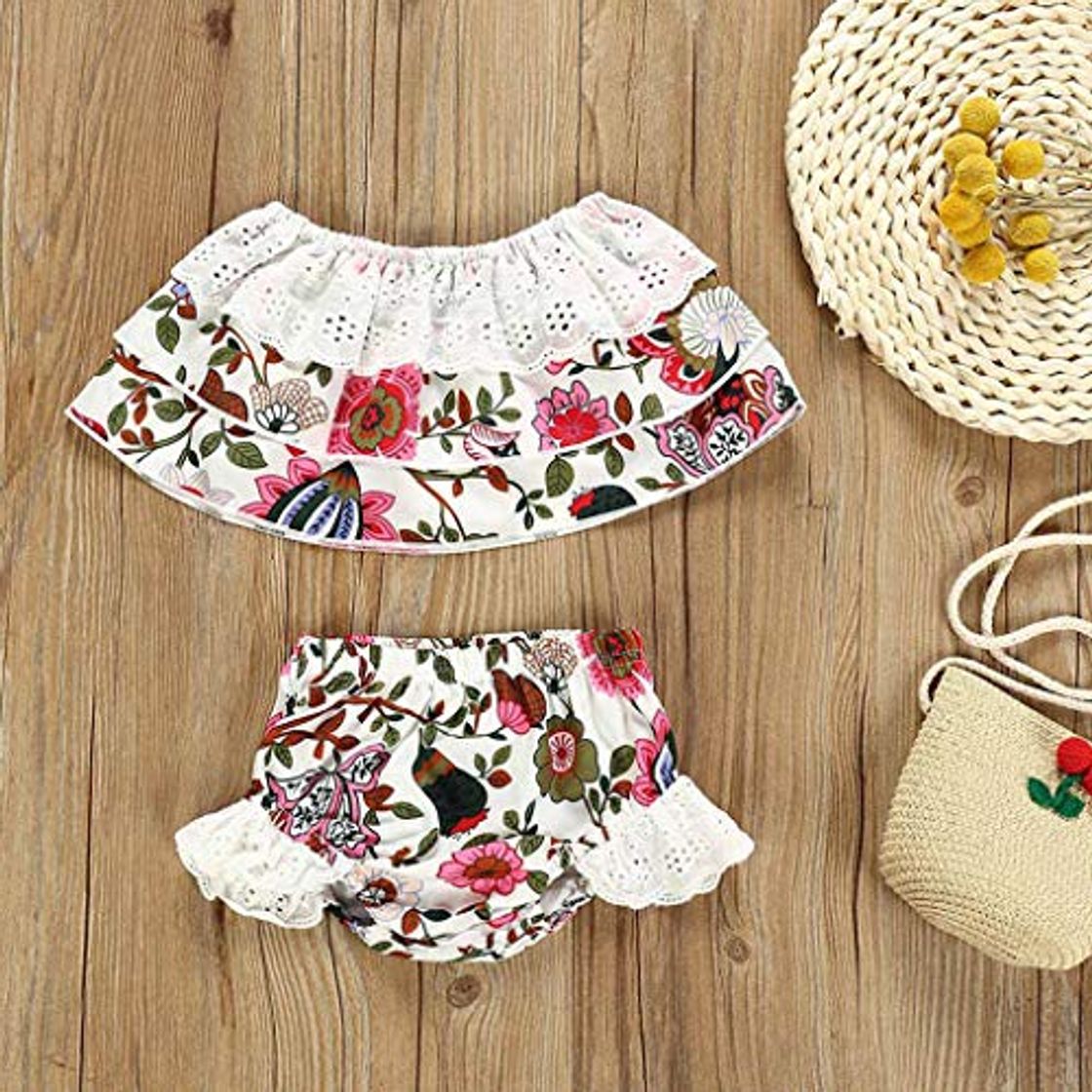 Moda Verano oddler bebé niña fuera de hombro floral op pantalones cortos 4 piezas Oufis Se Clohes