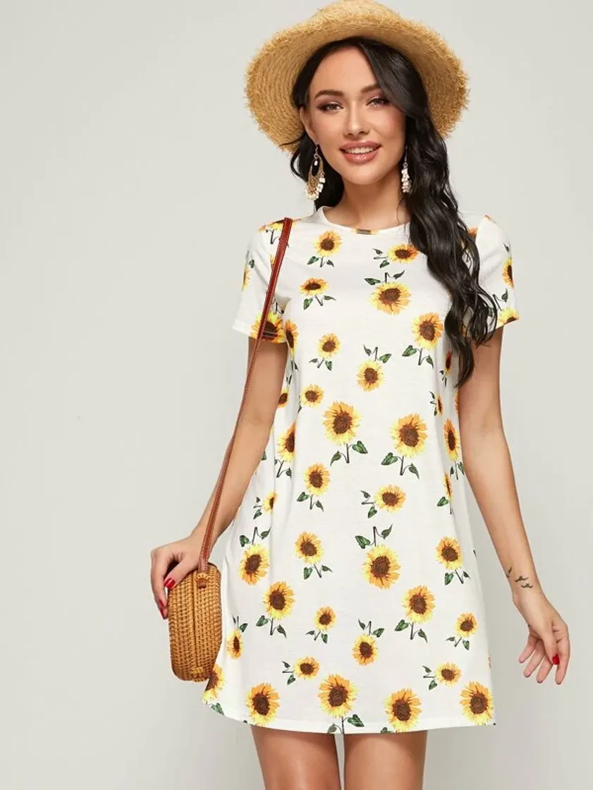 Fashion Vestido estilo camiseta con estampado de girasol 