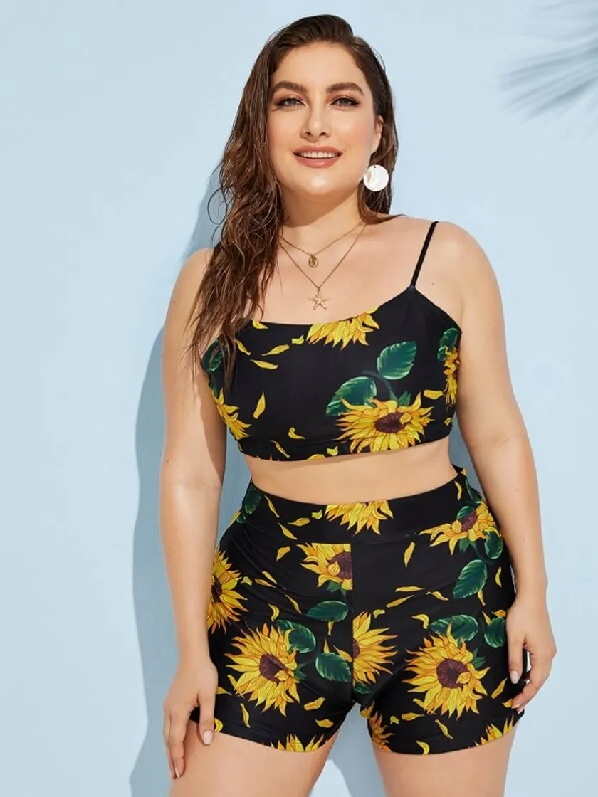 Moda Bañador de 2 piezas top tirante con estampado de girasol 