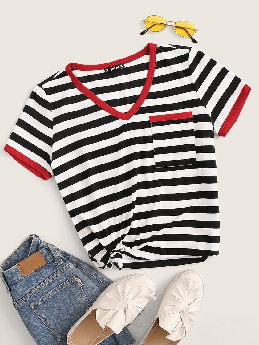 Fashion SHEIN Camiseta ringer de rayas escote V con bolsillo