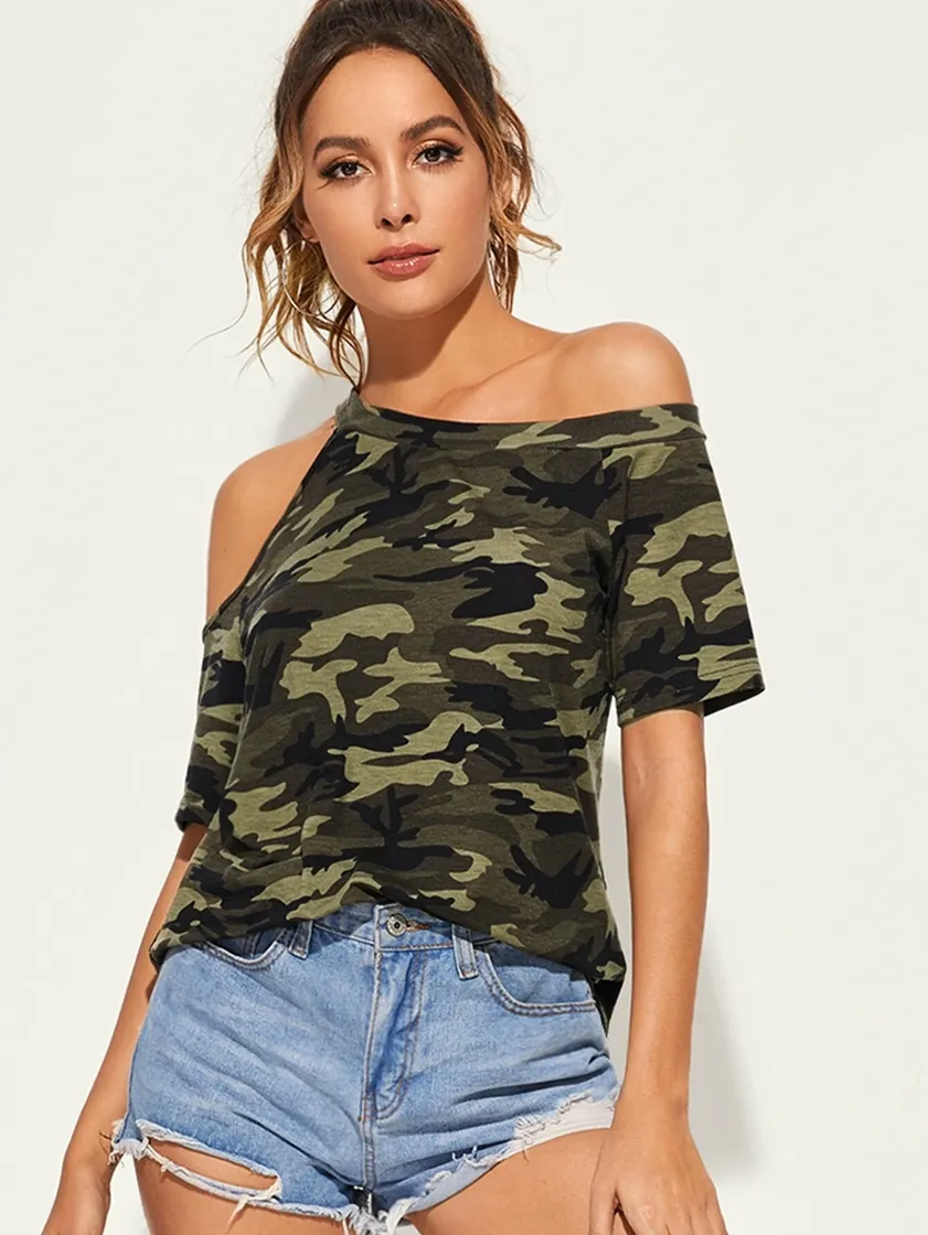 Moda SHEIN top con estampado de camuflaje de cuello asimétrico 