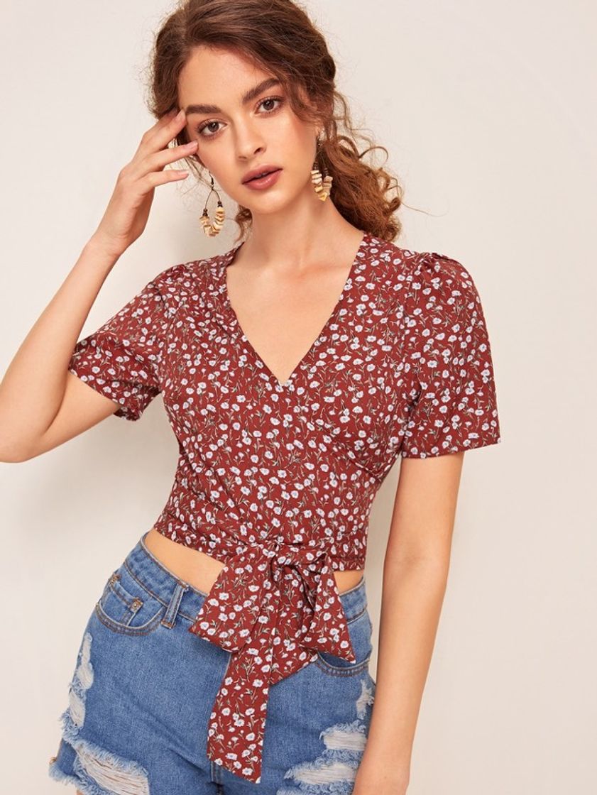 Product Ditsy floral print bow tie wrap crop top