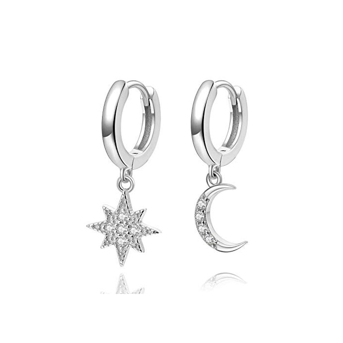 Moda Aretes con forma de argolla Star Moon, pendientes de plata de ley