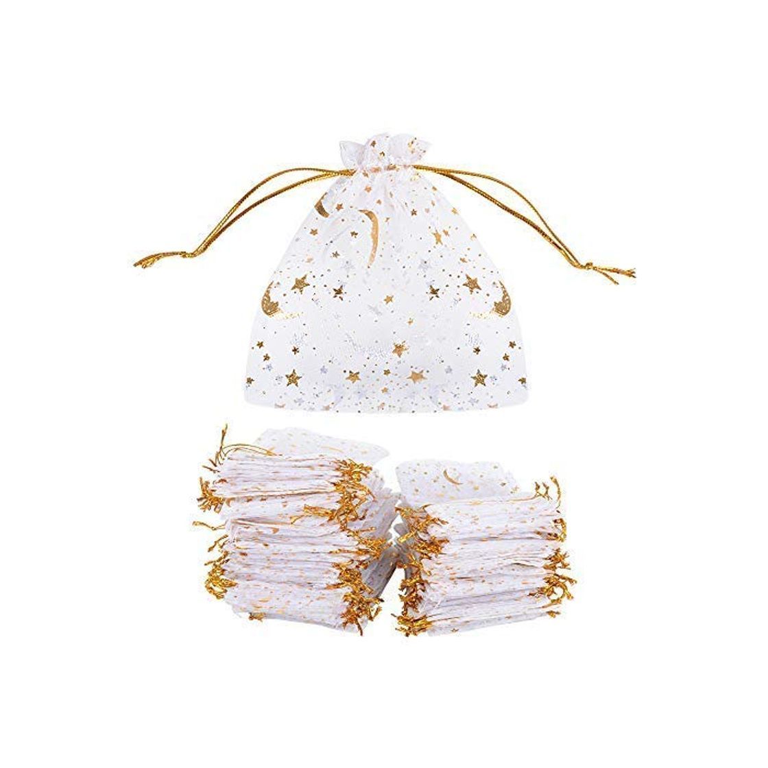 Producto MEJOSER 100 Bolsas de Organza Bolsitas Tul con Estrellas y Lunas Saquitos Arroz Regalo Joyas Caramelo Dulces Recuerdo Favores Detalles para Navidad Boda Fiesta Bautizo con Cintas Blanco Dorado