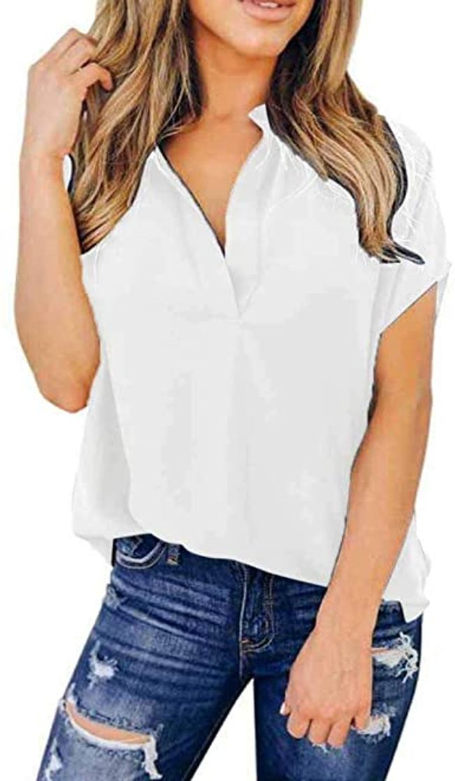 Products Camiseta Mujer Verano Moda Color sólido Manga Corta Blusas Camisa Cuello Rojoondo