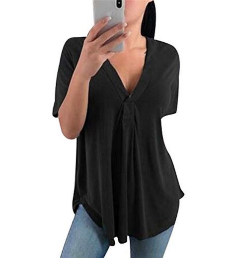 Camiseta Cuello V Mujer Oversize Camisetas Lisas Manga Corta Escote V Mujeres Basicas Anchas Tops Verano Damas Casual Remeras Largas Playeras Camisas Señora Blusas Amplias Tunica Túnico Negro 3XL